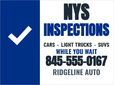 Yard sign template, NYS inspections, promotional, reading "NYS", "INSPECTIONS" and "845-555-0167", in blue and white