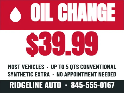Yard sign template, oil change special, reading "OIL CHANGE", "$39.99" and "RIDGELINE AUTO · 845-555-0167", in red and white