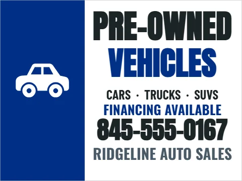 Yard sign template, pre-owned vehicles, reading "PRE-OWNED", "VEHICLES" and "845-555-0167", in blue and white
