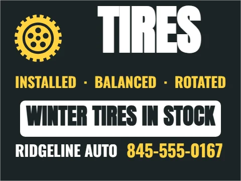 Yard sign template, tires, reading "TIRES", "WINTER TIRES IN STOCK" and "845-555-0167", in white and charcoal