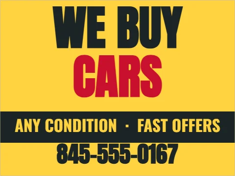 Yard sign template, we buy cars, reading "WE BUY", "CARS" and "845-555-0167", in charcoal and yellow