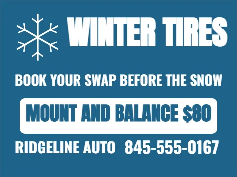 Yard sign template, winter tire swap, reading "WINTER TIRES", "MOUNT AND BALANCE $80" and "845-555-0167", in white and steel blue