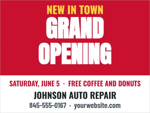 Yard sign template, grand opening, auto shop, reading "NEW IN TOWN", "GRAND" and "OPENING", in red and white