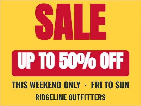 Yard sign template, big sale, reading "SALE", "UP TO 50% OFF" and "RIDGELINE OUTFITTERS", in red and yellow
