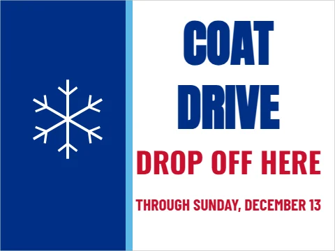 Yard sign template, coat drive, reading "COAT", "DRIVE" and "DROP OFF HERE", in blue and white