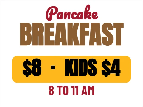 Yard sign template, pancake breakfast, reading "Pancake", "BREAKFAST" and "$8 · KIDS $4", in gold and white