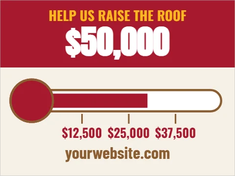 Yard sign template, raise the roof, reading "HELP US RAISE THE ROOF", "$50,000" and "yourwebsite.com", in maroon and cream