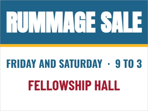 Yard sign template, rummage sale, reading "RUMMAGE SALE", "FRIDAY AND SATURDAY · 9 TO 3" and "FELLOWSHIP HALL", in steel blue and white