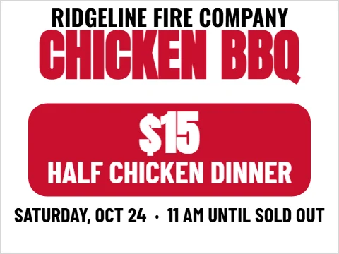Yard sign template, chicken barbecue, reading "CHICKEN BBQ", "$15" and "HALF CHICKEN DINNER", in red and white