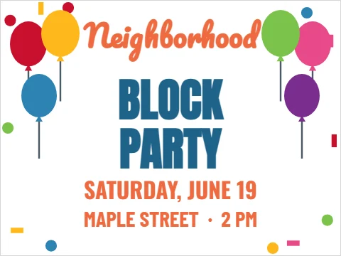 Yard sign template, block party, reading "Neighborhood", "BLOCK" and "PARTY", in white