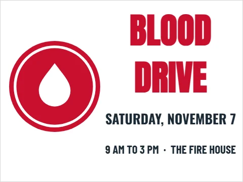 Yard sign template, blood drive, reading "BLOOD", "DRIVE" and "SATURDAY, NOVEMBER 7", in red and white