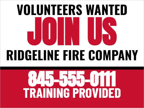 Yard sign template, volunteers wanted, join us, reading "JOIN US", "845-555-0111" and "TRAINING PROVIDED", in red and white