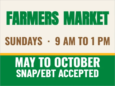 Yard sign template, farmers market, reading "MARKET", "FARMERS" and "MAY TO OCTOBER", in green and cream