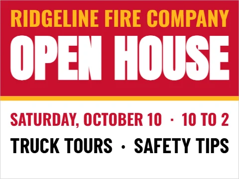 Yard sign template, fire company open house, reading "RIDGELINE FIRE COMPANY", "OPEN HOUSE" and "TRUCK TOURS · SAFETY TIPS", in red and white