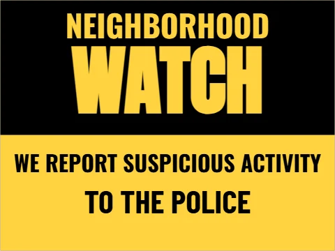 Yard sign template, neighborhood watch, reading "NEIGHBORHOOD", "WATCH" and "TO THE POLICE", in black and yellow
