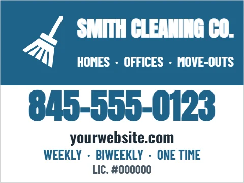 Yard sign template, cleaning service, reading "SMITH CLEANING CO.", "845-555-0123" and "yourwebsite.com", in steel blue and white