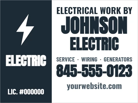 Yard sign template, electrical work by, reading "JOHNSON", "ELECTRIC" and "845-555-0123", in navy and white