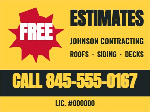 Yard sign template, free estimates, starburst, reading "ESTIMATES", "FREE" and "CALL 845-555-0167", in charcoal and yellow