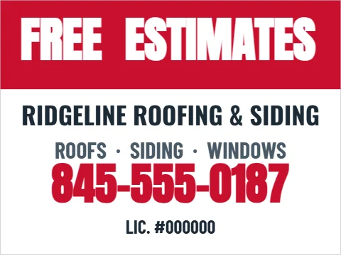 Yard sign template, free estimates, reading "ESTIMATES", "FREE" and "845-555-0187", in red and white