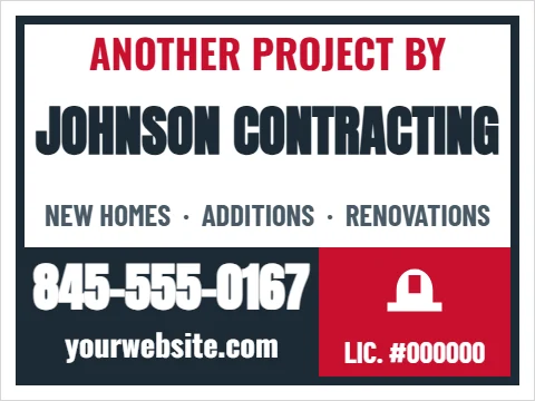 Yard sign template, general contractor, framed, reading "ANOTHER PROJECT BY", "JOHNSON CONTRACTING" and "845-555-0167", in navy and white