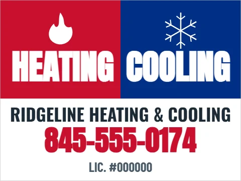 Yard sign template, heating and cooling, reading "HEATING", "COOLING" and "845-555-0174", in red and white
