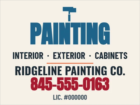 Yard sign template, painting, reading "PAINTING", "RIDGELINE PAINTING CO." and "845-555-0163", in cream