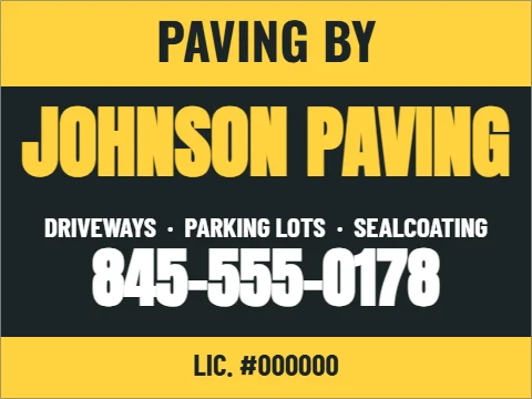 Yard sign template, paving by, reading "PAVING BY", "JOHNSON PAVING" and "845-555-0178", in yellow and charcoal