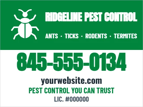 Yard sign template, pest control, reading "845-555-0134", "yourwebsite.com" and "PEST CONTROL YOU CAN TRUST", in green and white