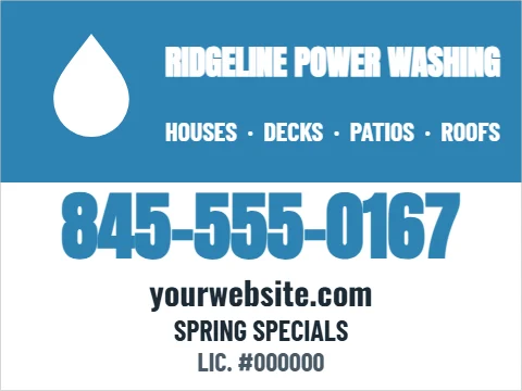 Yard sign template, power washing, reading "845-555-0167", "yourwebsite.com" and "SPRING SPECIALS", in blue and white