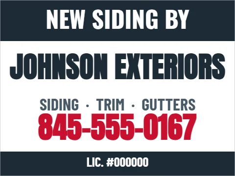 Yard sign template, new siding by, reading "NEW SIDING BY", "JOHNSON EXTERIORS" and "845-555-0167", in navy and white