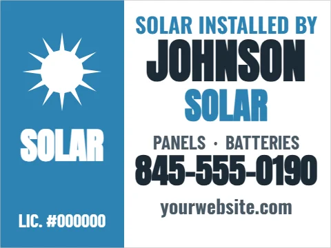 Yard sign template, solar by, reading "JOHNSON", "SOLAR" and "SOLAR", in blue and white