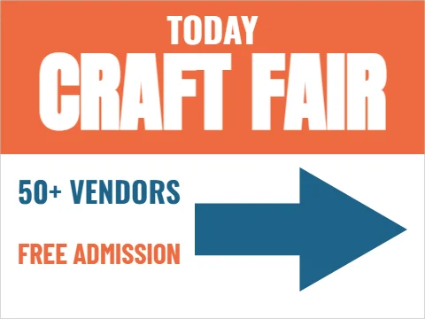 Yard sign template, craft fair today, reading "TODAY", "CRAFT FAIR" and "50+ VENDORS", in coral and white