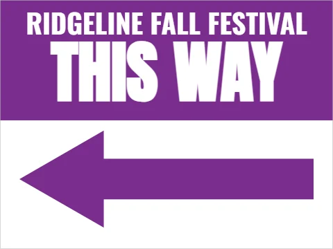 Yard sign template, this way, event name, reading "RIDGELINE FALL FESTIVAL" and "THIS WAY", in purple and white
