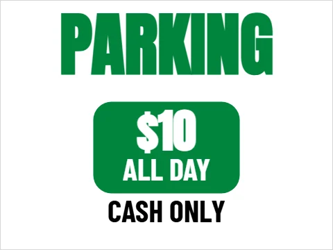 Yard sign template, parking, the price, reading "PARKING", "$10" and "ALL DAY", in green and white