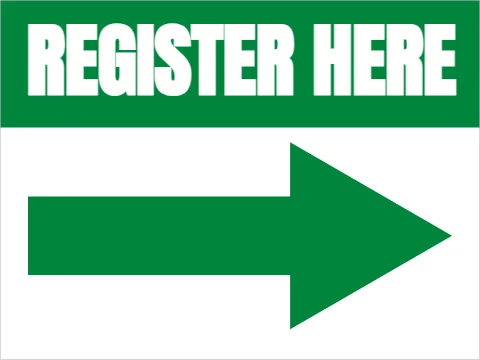 Yard sign template, register here, reading "HERE" and "REGISTER", in green and white