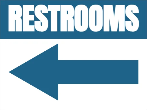 Yard sign template, restrooms, reading "RESTROOMS", in steel blue and white