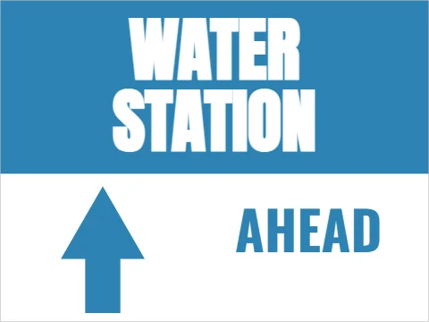 Yard sign template, water station ahead, reading "WATER", "STATION" and "AHEAD", in blue and white