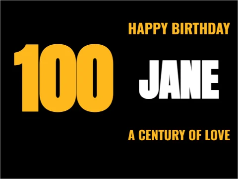 Yard sign template, happy 100th birthday, reading "HAPPY BIRTHDAY", "100" and "JANE", in black