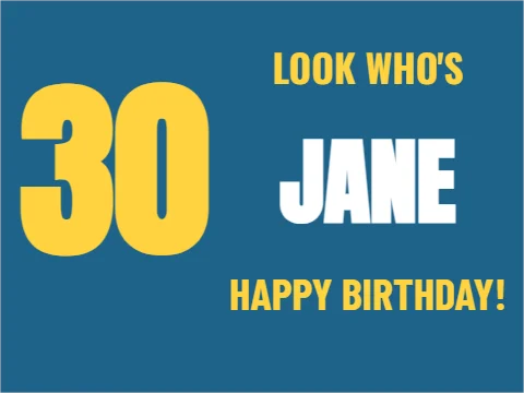 Yard sign template, look who's 30, reading "LOOK WHO'S", "30" and "JANE", in steel blue