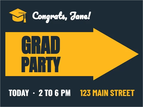 Yard sign template, grad party, words in the arrow, reading "Congrats, Jane!", "GRAD" and "PARTY", in gold and navy