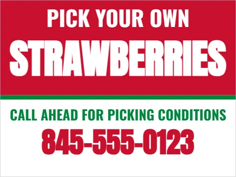 Yard sign template, pick your own strawberries, reading "PICK YOUR OWN", "STRAWBERRIES" and "845-555-0123", in red and white