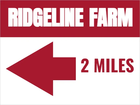 Yard sign template, farm name and miles, reading "FARM", "RIDGELINE" and "2 MILES", in maroon and white