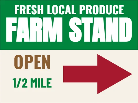 Yard sign template, farm stand, this way, reading "FARM STAND", "OPEN" and "1/2 MILE", in green and cream