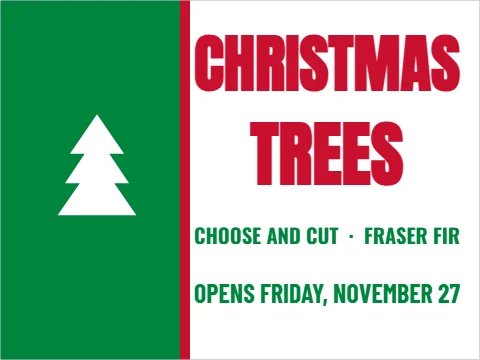 Yard sign template, christmas trees, reading "CHRISTMAS", "TREES" and "OPENS FRIDAY, NOVEMBER 27", in green and white
