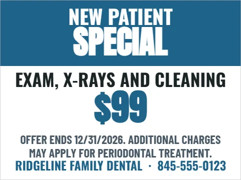 Yard sign template, new patient special, reading "NEW PATIENT", "SPECIAL" and "$99", in steel blue and white