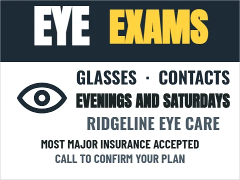 Yard sign template, eye exams, reading "EYE", "EXAMS" and "GLASSES · CONTACTS", in navy and white