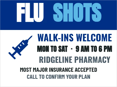 Yard sign template, flu shots, walk-ins welcome, reading "FLU", "SHOTS" and "WALK-INS WELCOME", in blue and white