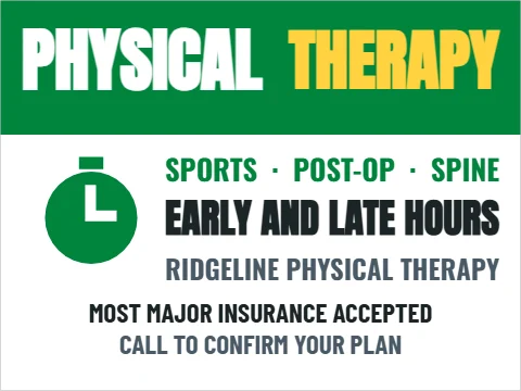 Yard sign template, physical therapy, reading "THERAPY", "PHYSICAL" and "EARLY AND LATE HOURS", in green and white