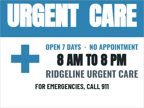 Yard sign template, urgent care hours, reading "URGENT", "CARE" and "8 AM TO 8 PM", in blue and white