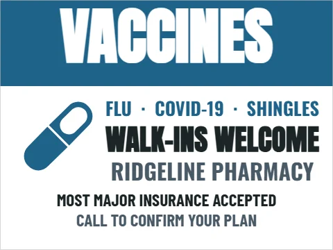 Yard sign template, vaccines available, reading "VACCINES", "WALK-INS WELCOME" and "RIDGELINE PHARMACY", in steel blue and white